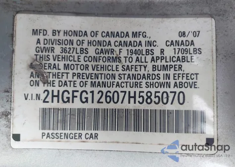 2007 Honda Civic Lx from USA, damaged, VIN 2HGFG12607H585070
